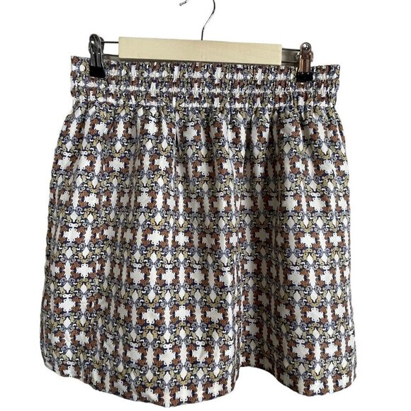 Club Monaco  Size L A-Line Skirt Cream‎ Blue Orange Batik Geometric Silk Lined - Picture 1 of 7